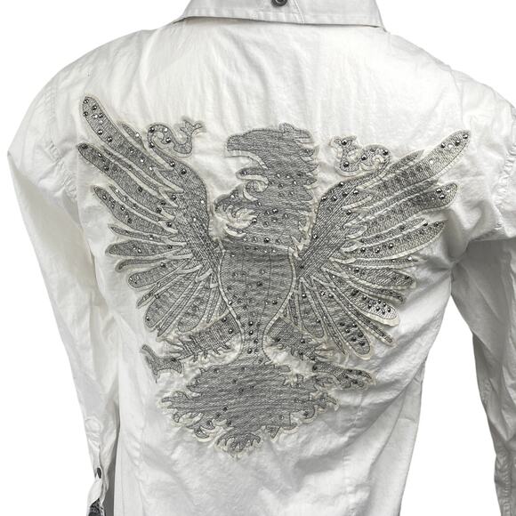 RNZ Premium Men's White Rhinestone Embroidered Long Sleeve Button Up Shirt Top M - Picture 4 of 7
